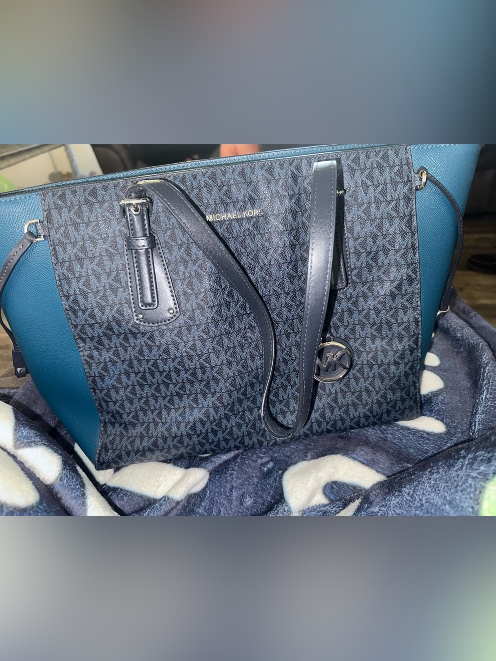 Michael Kors Teal and Navy MK Signature Tote